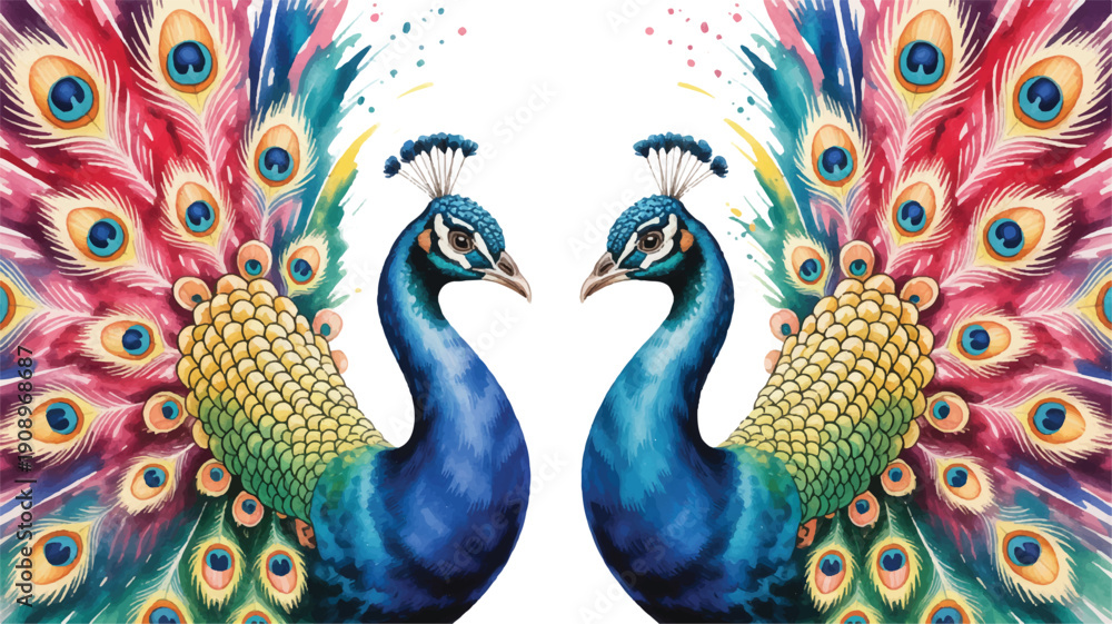Obraz premium Magnificent pair of peacocks with vibrant, fanned tails in a watercolor illustration