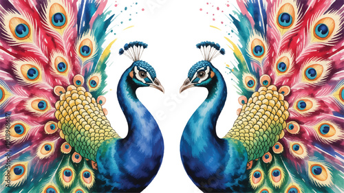 Magnificent pair of peacocks with vibrant, fanned tails in a watercolor illustration