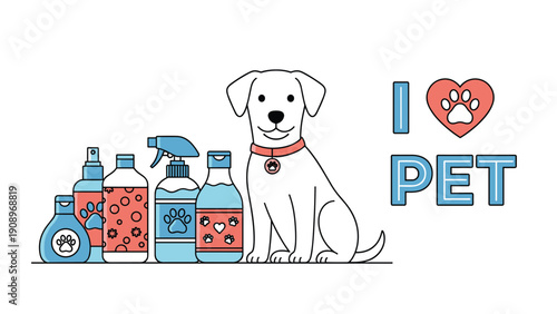 White dog sitting next to various pet care products like shampoos and sprays for animal grooming and health.