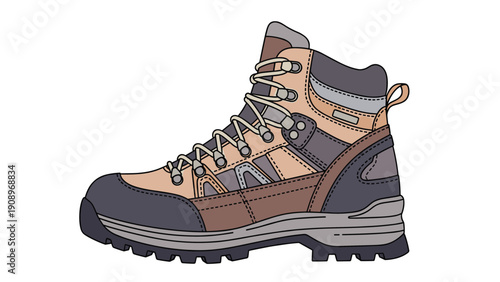 Professional hiking boot in brown and grey tones for outdoor adventure trekking and mountaineering sports.