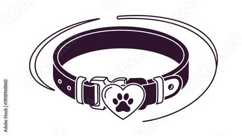 Line art illustration of a pet collar with a heart shaped id tag featuring a paw print for animal identity.