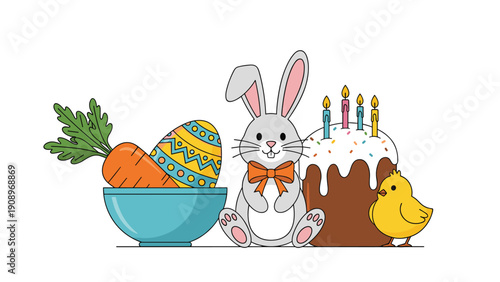 Festive Easter scene with a grey bunny sitting near a traditional cake decorated egg carrot and a yellow chick.