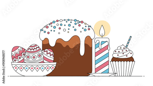 Selection of Easter treats including a large glazed cake decorated eggs a striped candle and a sweet cupcake.