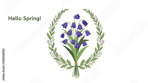 Elegant Hello Spring design featuring a bouquet of purple bluebell flowers inside a leafy wreath on white.