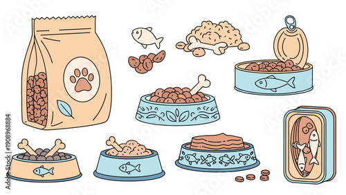 Comprehensive set of pet food items including dry kibble wet food in cans and bowls with fish and bone shapes.