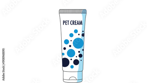 Tube of pet cream with blue and black circle patterns for animal skin care and grooming product packaging.