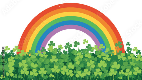 Vibrant rainbow arching over a lush field of green clover, perfect for St. Patrick's Day celebrations and spring themes