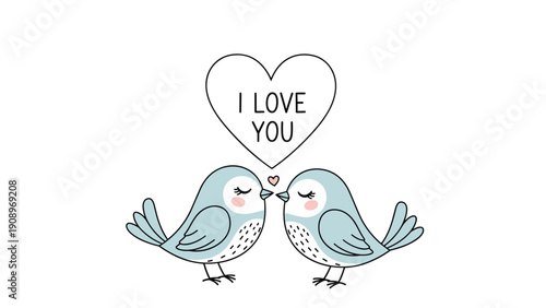Two adorable blue birds share a kiss beneath a large heart featuring I LOVE YOU text in a sweet romantic illustration.
