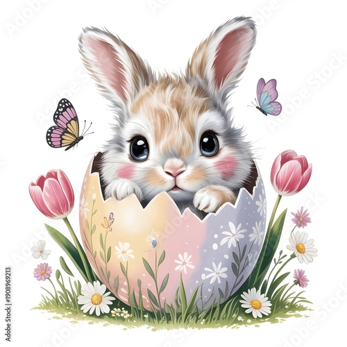 rabbit with flowers, colorful illustration on a white background