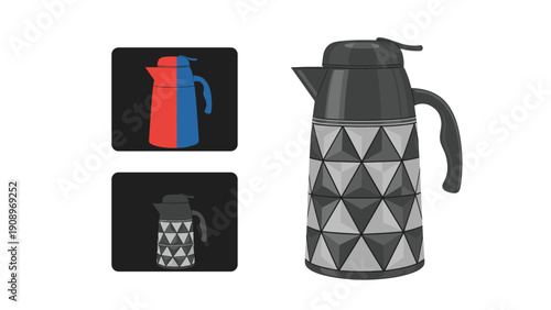 Stylish black thermos with a grey triangular geometric pattern is presented alongside smaller icons showing color and pattern variations.