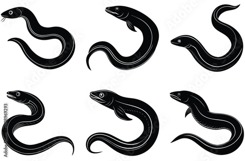 Mystic set of snakes silhouette. Snake wrapped around the crescent moon. Boho modern hand drawn design elements for logo and branding.