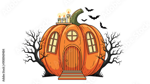 Whimsical pumpkin house featuring a wooden door, windows, and lit candles is surrounded by spooky trees and flying bats for Halloween.