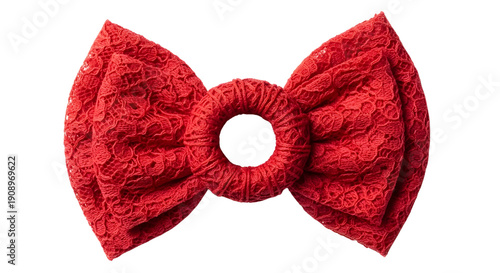Red lace bow with central ring, fabric texture, fashion accessory, isolated PNG with Transparent Background