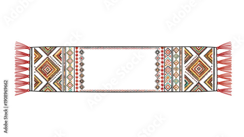 Long decorative runner rug features complex tribal geometric patterns and red tassels at both ends for ethnic home styling.