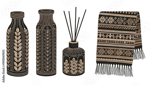 Stylish home decor set includes two patterned bottles, a reed diffuser for fragrance, and a matching knitted scarf in black and beige.
