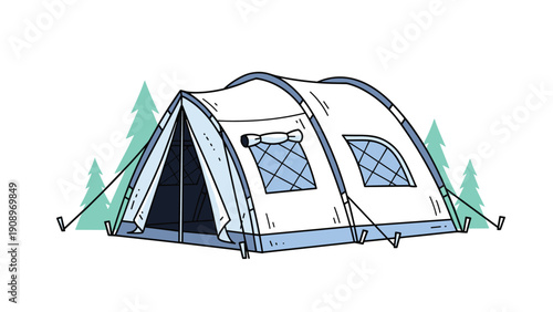 Large white and blue family camping tent is pitched in a scenic forest environment surrounded by tall green pine trees.
