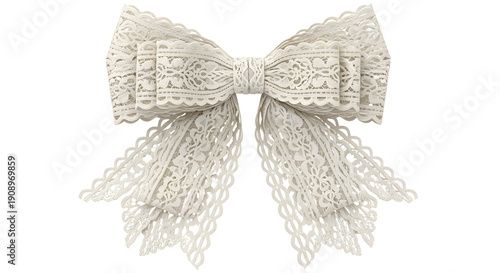 Delicate cream lace bow with intricate floral pattern and scalloped edges, isolated PNG with Transparent Background