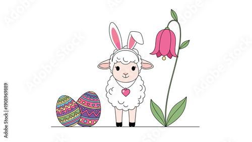 Cute white sheep wearing pink bunny ears standing next to decorated easter eggs and a tall flower, festive spring holiday greeting card.