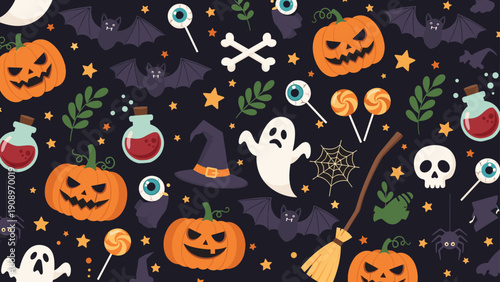 Seamless halloween pattern with spooky pumpkins, ghosts, bats, witch hats, and magic potions on a dark background for festive decorations.