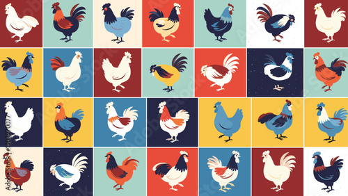 Grid of twenty-eight diverse roosters and chickens in various colors and poses against a colorful checkerboard background, flat illustration.