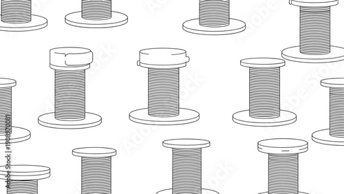 Seamless pattern of multiple spools of thread in a monochrome technical drawing style, sewing and tailoring background for textile projects.