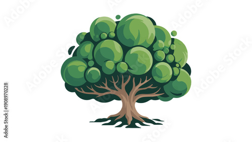 Stylized green tree illustration with a thick trunk and extensive root system, perfect for nature and sustainability themes