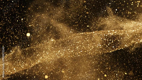A dynamic gold dust cloud splashes and swirls against a dark backdrop