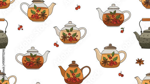 Seamless pattern of glass and ceramic teapots filled with berry tea and star anise, cozy warm beverage illustration on white background design.
