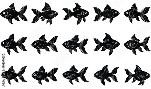 Set of salmon silhouette in line art style.Fish vector by hand drawing.Fish tattoo on white background.Black and white fish vector on white background.Salmon fish sketch for coloring book.
