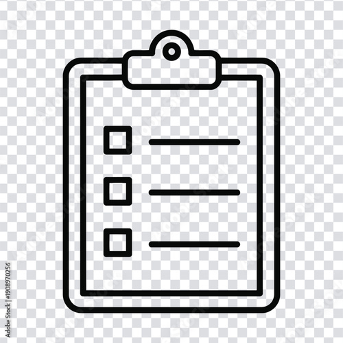 Black and white line art of a clipboard with checkboxes and lines on a transparent background