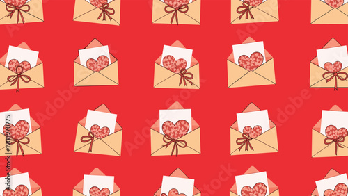 Seamless pattern of open envelopes with letters and heart-printed liners against a red background, romantic design for valentine's day theme.