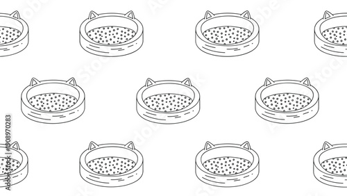 Seamless pattern of round cat beds with ear-shaped handles and comfortable cushioning, simple black and white outline for pet store design.