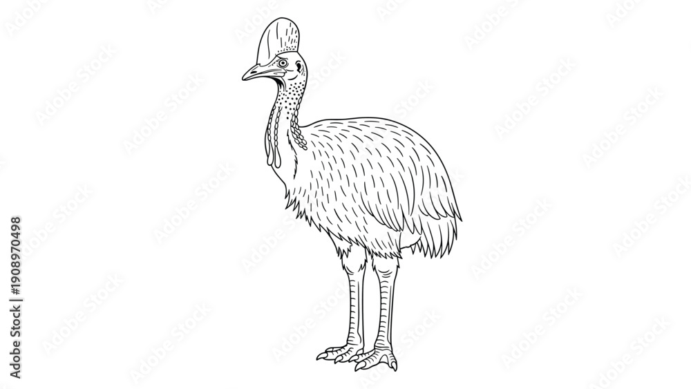 Fototapeta premium Detailed black and white line art illustration of a cassowary bird showing its unique head crest and textured feathers for nature education.