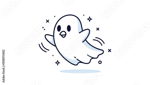 Playful cartoon ghost bird character with wings spread and tiny star elements around it floats in a simple and cute vector illustration style.