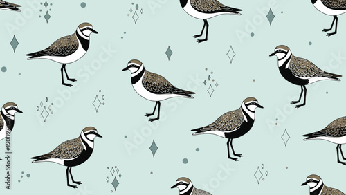 Elegant seamless pattern featuring realistic shorebirds and minimalist diamond shapes scattered over a soft pale blue background for nature themes.