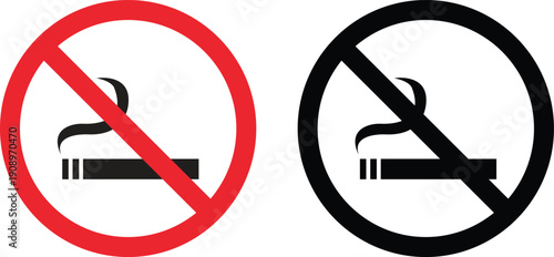 No smoking vector icons set, cigarette prohibition sign silhouette and outline collection, safety symbol group isolated on transparent background for public area design