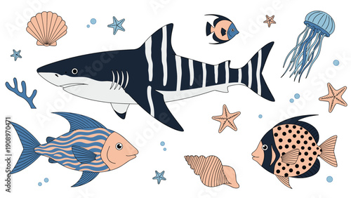 Vibrant collection of diverse marine life including a large shark tropical fish a jellyfish and various sea shells on a clean white background.
