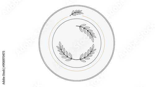 Stylish decorative plate design featuring elegant leaf wreaths and concentric circles in a minimalist line art style for modern kitchenware.