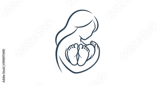 Pregnant Woman Protecting Unborn Baby in Womb, Minimalist Line Art Illustration