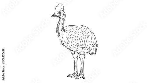 Detailed black and white line art illustration of a cassowary bird showing its unique head crest and textured feathers for nature education.