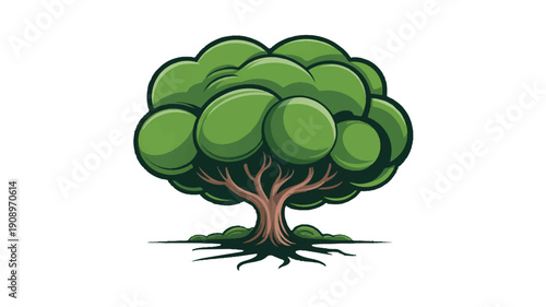 Green stylized tree with a thick trunk and a lush canopy of leaves, representing nature and growth