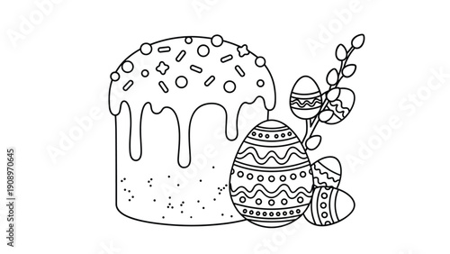 Traditional Easter theme in line art features a decorated cake accompanied by patterned eggs and pussy willow branches for holiday coloring.