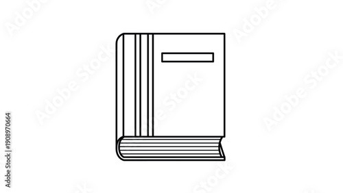 Closed hardcover book with a rectangular label and decorative spine lines is depicted in a simple black and white line art style.
