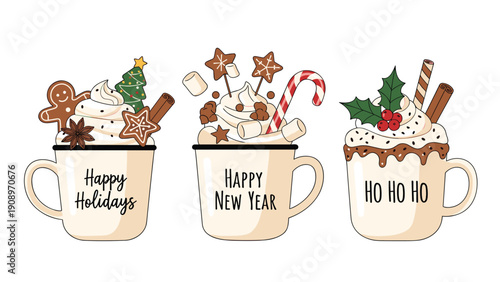 Cozy collection of three holiday mugs filled with hot cocoa cream gingerbread men candy canes and festive holly for winter celebration.
