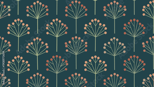 Elegant seamless pattern features stylized umbellifer flowers with orange round seeds on slender stems set against a deep forest green background.
