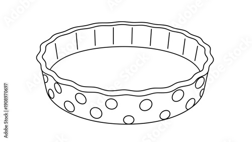 Round ceramic baking dish featuring fluted edges and a playful polka dot pattern around the sides illustrated in a simple line art style.