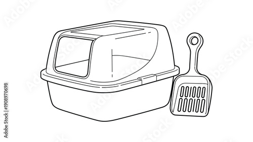 Covered cat litter box with an entrance hole and a matching sifting scoop shown in a clean black and white line drawing for coloring.