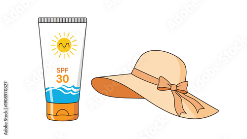 Summer vacation essentials are depicted with a tube of SPF 30 sunscreen and a large beige sun hat with a decorative bow on a white background.