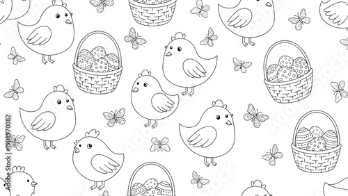 Whimsical Easter pattern for coloring features adorable chicks, baskets filled with decorated eggs, and fluttering butterflies in line art.
