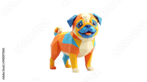 Vibrant low-poly pug dog standing on black background